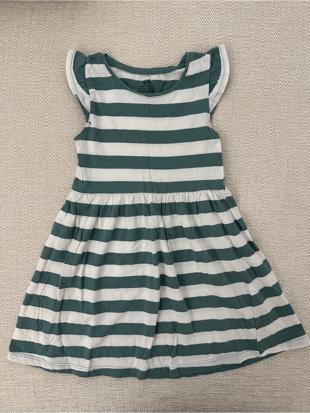H&M Green and White Striped Flutter-Sleeve Dress